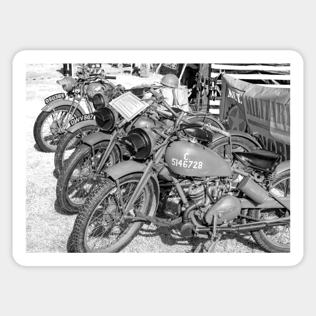 Military motorcycles on display Sticker by yackers1